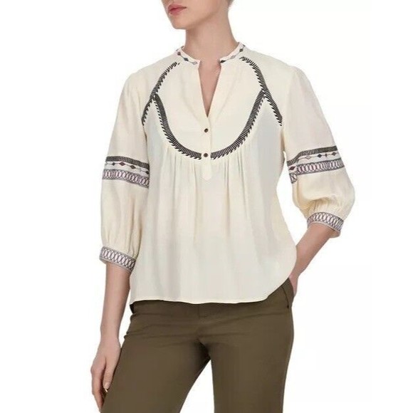 BA&SH PLUME EMBROIDERED Size 3/ Large Boho BLOUSE In Ecru Cream 3/4 Sleeve - Picture 1 of 10